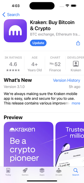 Kraken app listing in the App Store