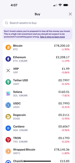 Kraken buy asset list showing available cryptocurrencies